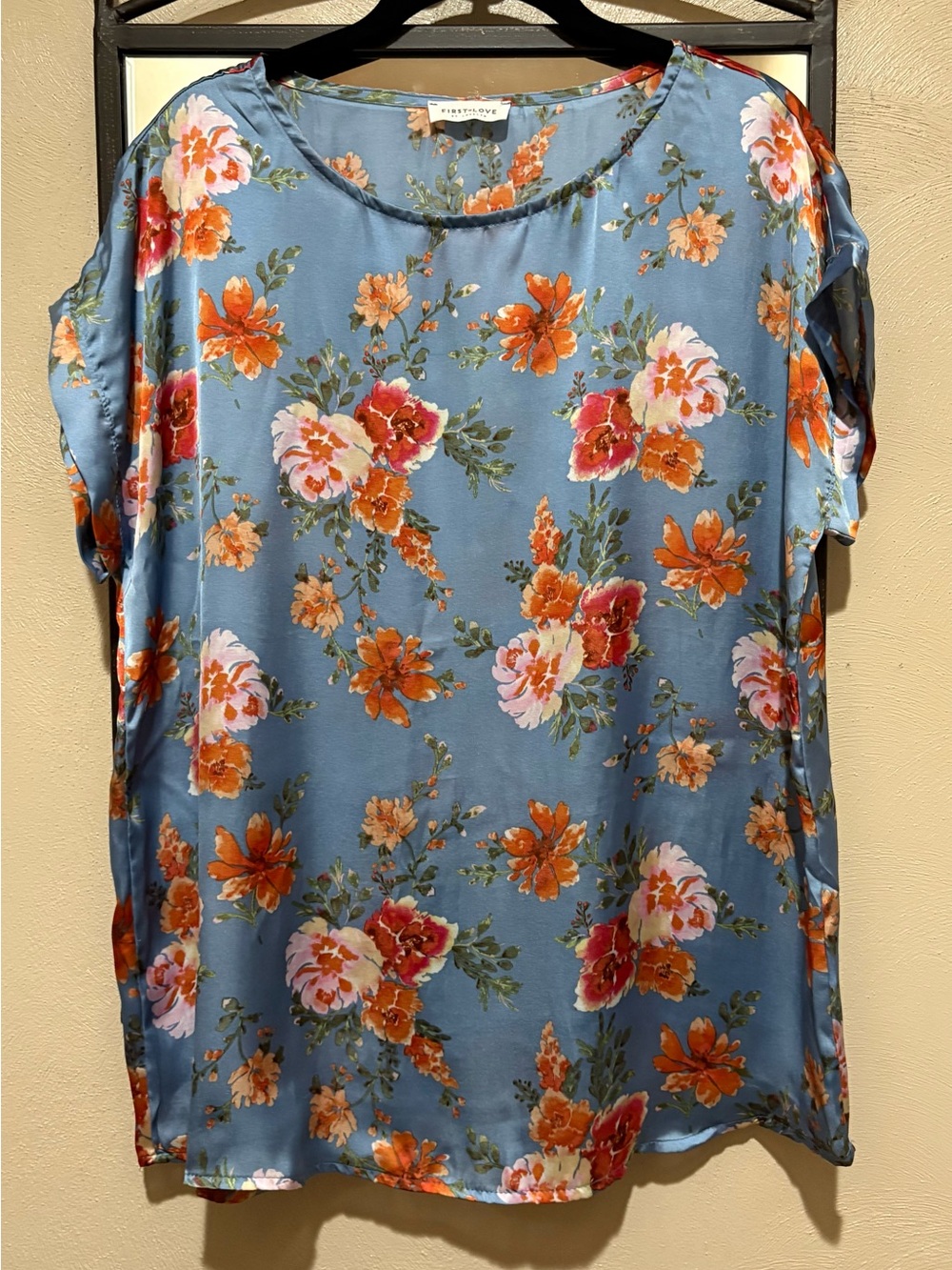 First Love Blue Floral Satin Blouse with Orange & Pink Blooms Size S